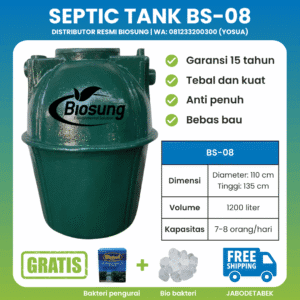 Septic tank fiberglass biotech merek Biosung ukuran 1200 liter untuk rumah dan gedung kapasitas 8 orang