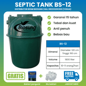 Septic tank fiberglass biotech merek Biosung ukuran 1800 liter untuk rumah dan gedung kapasitas 11 orang
