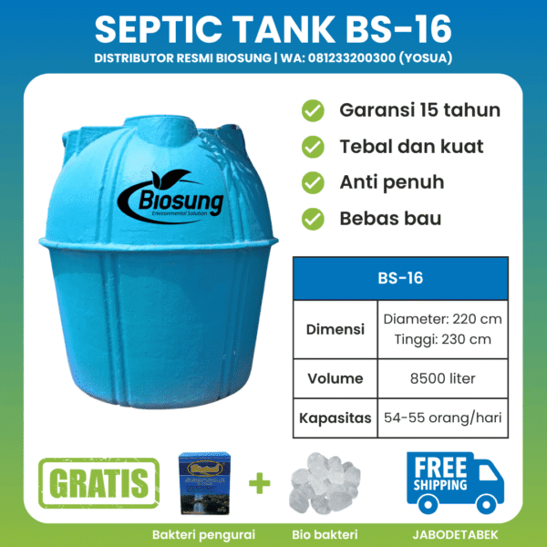 Septic tank fiberglass biotech merek Biosung ukuran 8500 liter untuk gedung kapasitas 55 orang