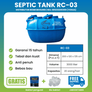 Septic tank fiberglass biotech merek Biosung ukuran 3000 liter untuk rumah dan gedung kapasitas 20 orang