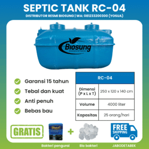 Septic tank fiberglass biotech merek Biosung ukuran 4000 liter untuk rumah dan gedung kapasitas 25 orang