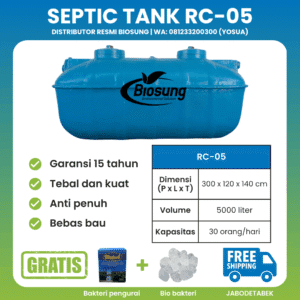 Septic tank fiberglass biotech merek Biosung ukuran 5000 liter untuk rumah dan gedung kapasitas 30 orang