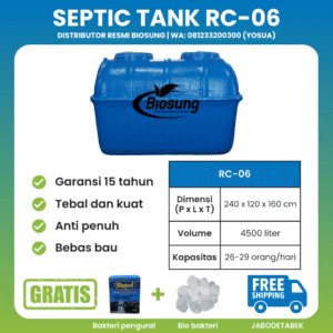 Septic tank fiberglass biotech merek Biosung ukuran 4500 liter untuk rumah dan gedung kapasitas 30 orang