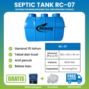 Septic tank fiberglass biotech merek Biosung ukuran 6500 liter untuk rumah dan gedung kapasitas 40 orang