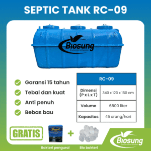 Septic tank fiberglass biotech merek Biosung ukuran 6500 liter untuk fasilitas usaha dan pabrik kapasitas 45 orang