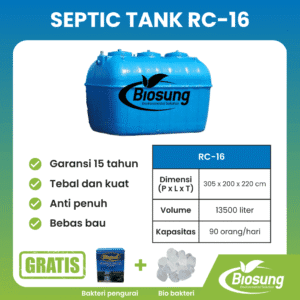 Septic tank fiberglass biotech merek Biosung ukuran 13500 liter untuk fasilitas usaha dan pabrik kapasitas 90 orang